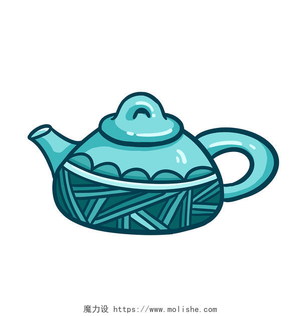 蓝色茶壶插画 茶叶茶壶 扁平化小清新素材 PNG素材